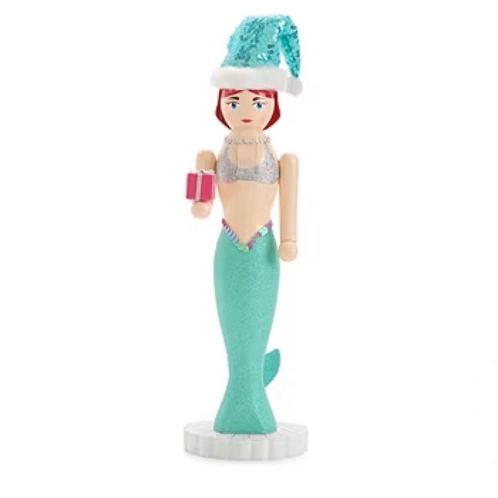 Mermaid Christmas 14” Nutcracker Coastal Holiday Home Decor Aqua & Silver Sequin